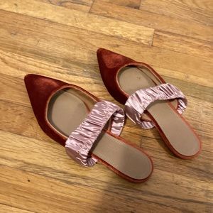 ASOS reddish orange velvet slides